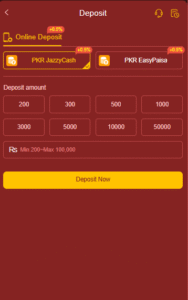 Shah Spin deposit screen with JazzCash and EasyPaisa options